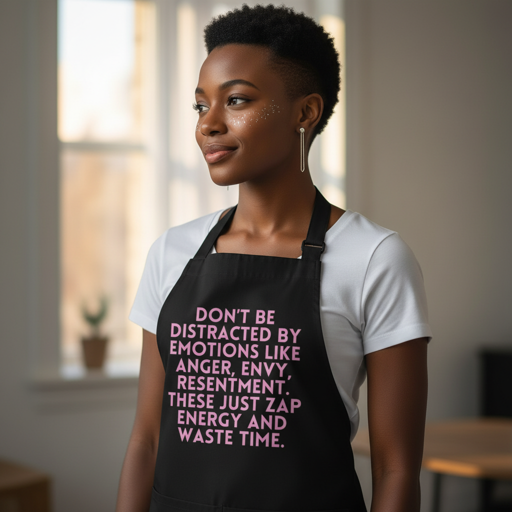 Young Black woman wearing Don't Be Distracted By Emotions Organic Cotton Apron with pink motivational text. She stands confidently in a kitchen, embodying queer pride and empowerment through stylish self-expression.