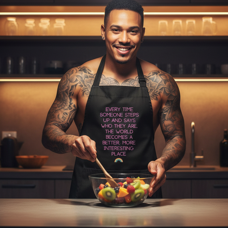 A fit, tattooed man in a black Every Time Someone Steps Up organic cotton apron stirs fruit in a modern kitchen, embodying pride, empowerment, and self-expression with its vibrant pink lettering and rainbow icon.