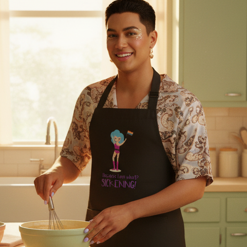 Person in a homey kitchen wears Because I Am What? Sickening! Organic Cotton Apron with drag-queen cartoon, small Pride flag, and empowering text. They smile while whisking batter.