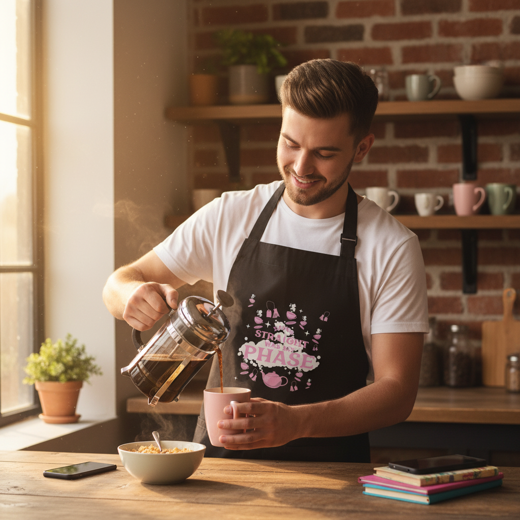 Young man in a Being Straight Was My Phase organic cotton apron pours coffee, embodying queer pride and confidence in a stylish kitchen setting.