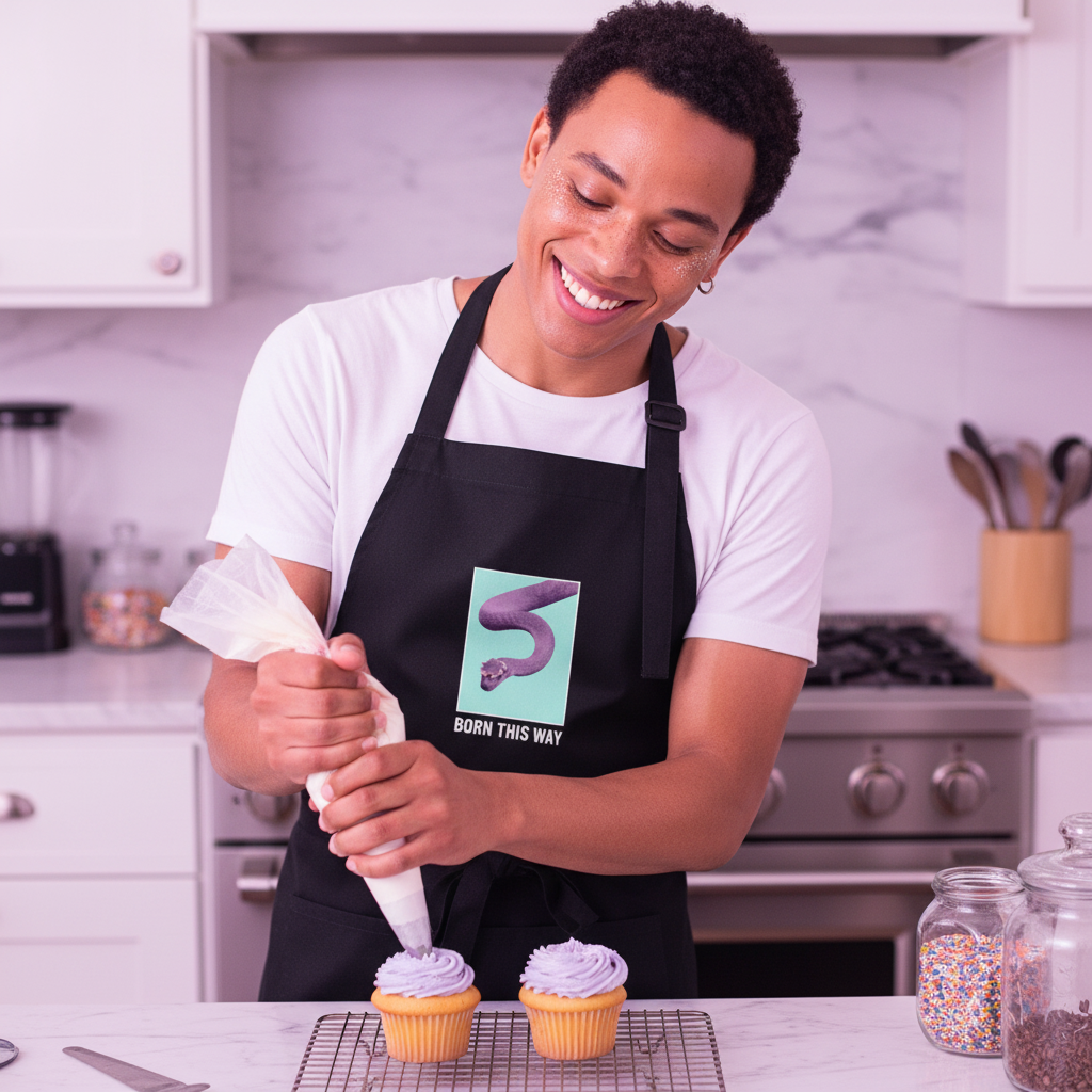 Person in Born This Way apron pipes frosting on cupcakes, embodying queer pride and empowerment. The stylish organic cotton apron supports self-expression in the kitchen.