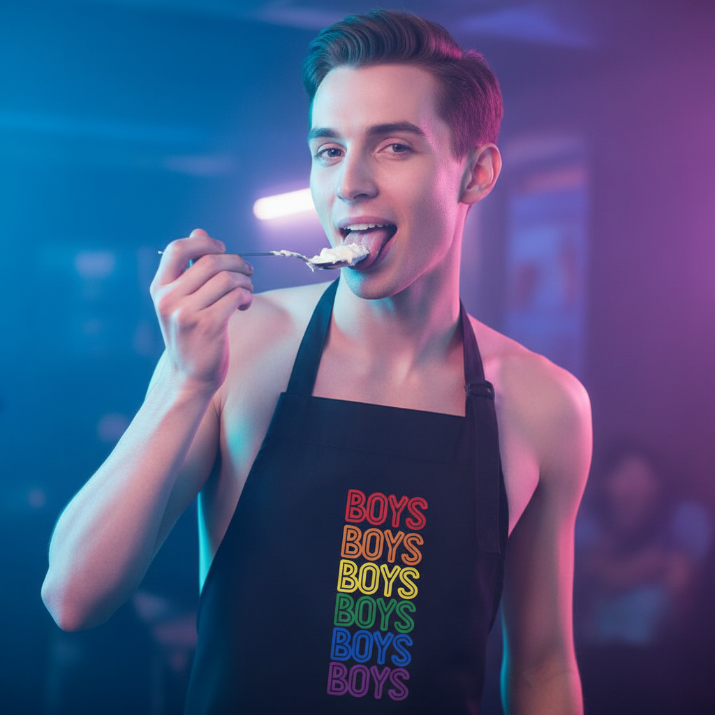 Young man in moody neon light wearing the Boys Boys Boys Organic Cotton Apron with rainbow BOYS print, tasting dessert topping. Celebrates LGBTQIA+ pride, empowerment, and self-expression.