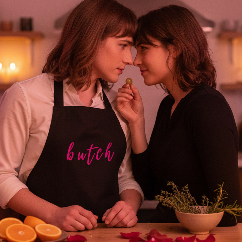 Two women share an intimate moment in a kitchen, one wearing the Butch Organic Cotton Apron, showcasing LGBTQIA+ pride and visibility with style and confidence.