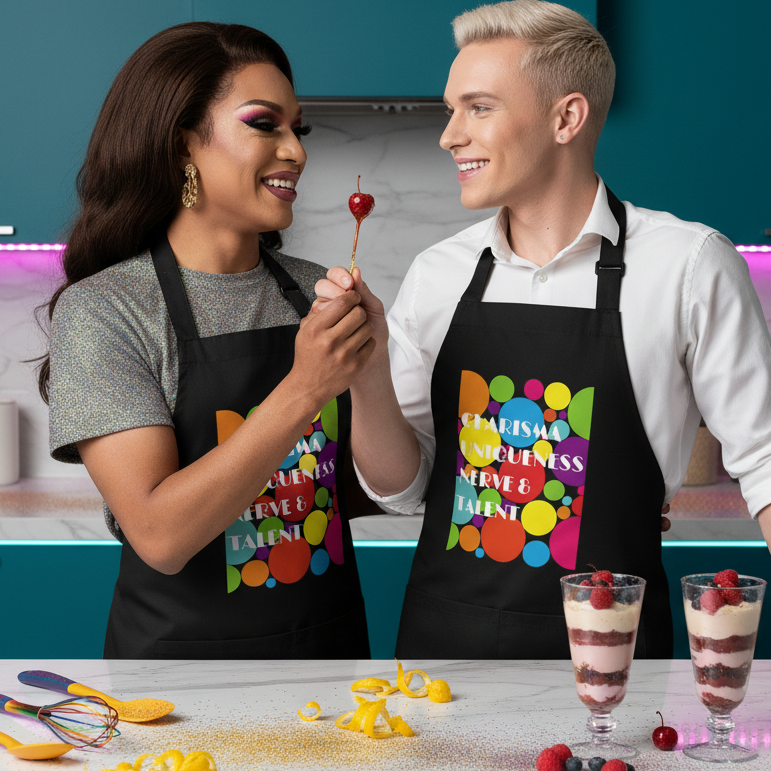 Two people in a vibrant kitchen wear matching Charisma Uniqueness Nerve & Talent organic cotton aprons, showcasing LGBTQIA+ pride and creativity with colorful dots and empowering flair.