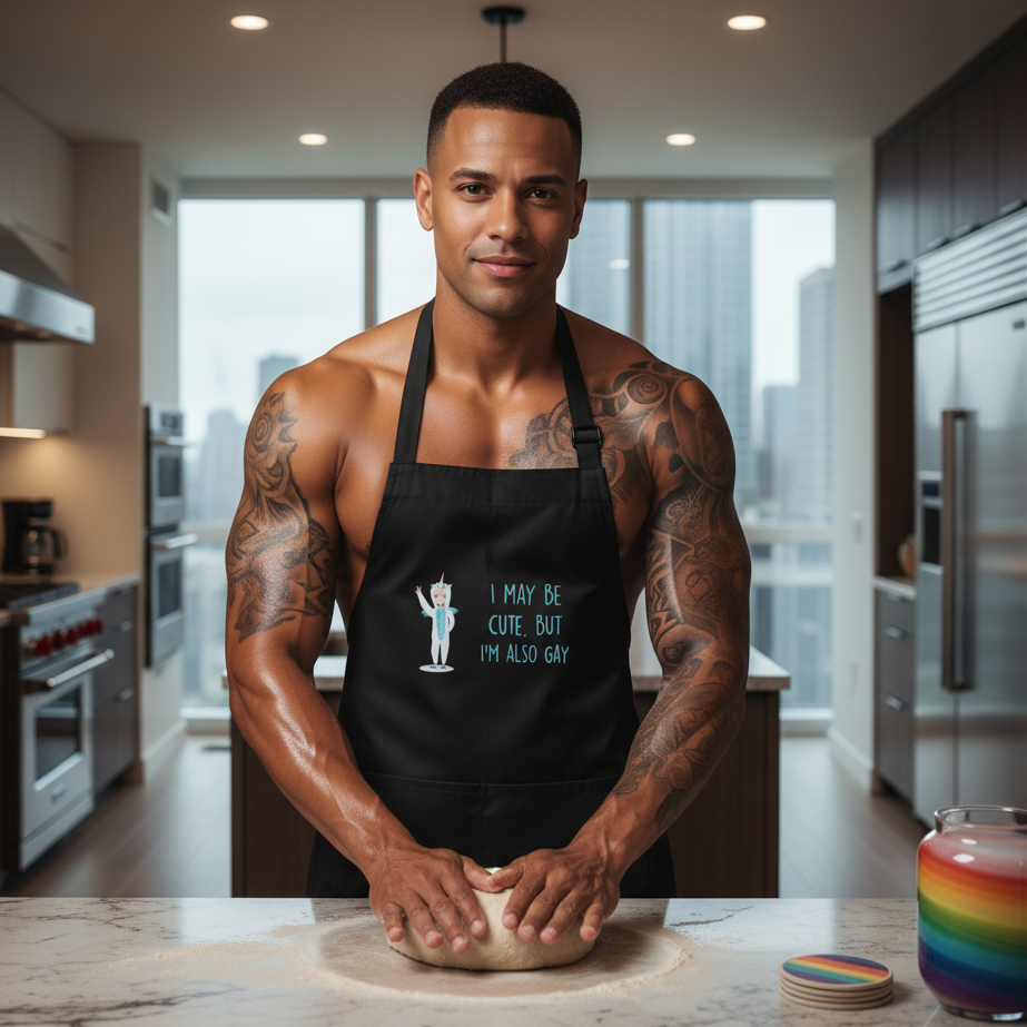 Young man kneads dough in a modern kitchen, wearing a Cute But Gay organic cotton apron. Rainbow accents surround him, reflecting queer pride and self-expression.