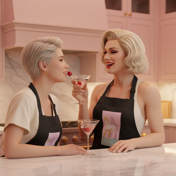Two individuals in black Daddy Monroe Organic Cotton Aprons toast with raspberry-garnished cocktails in a pastel-pink kitchen, embodying pride and style with flair and self-expression.