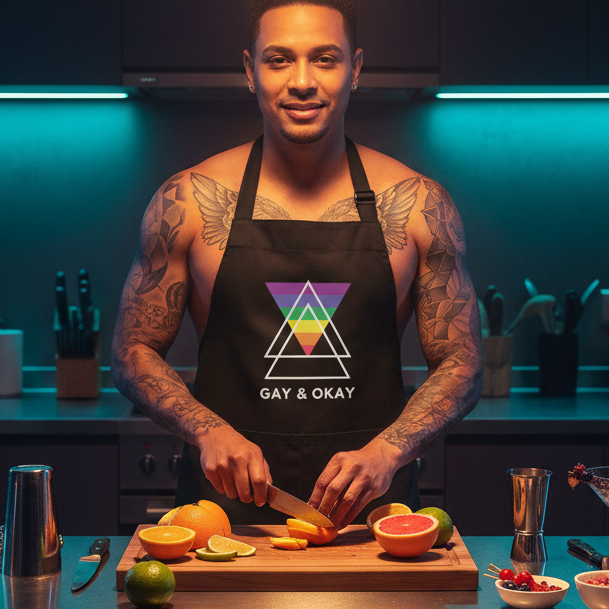 Person slicing citrus fruits in a kitchen, wearing a Gay & OK Organic Cotton Apron with rainbow triangles, embodying LGBTQIA+ pride and self-expression.