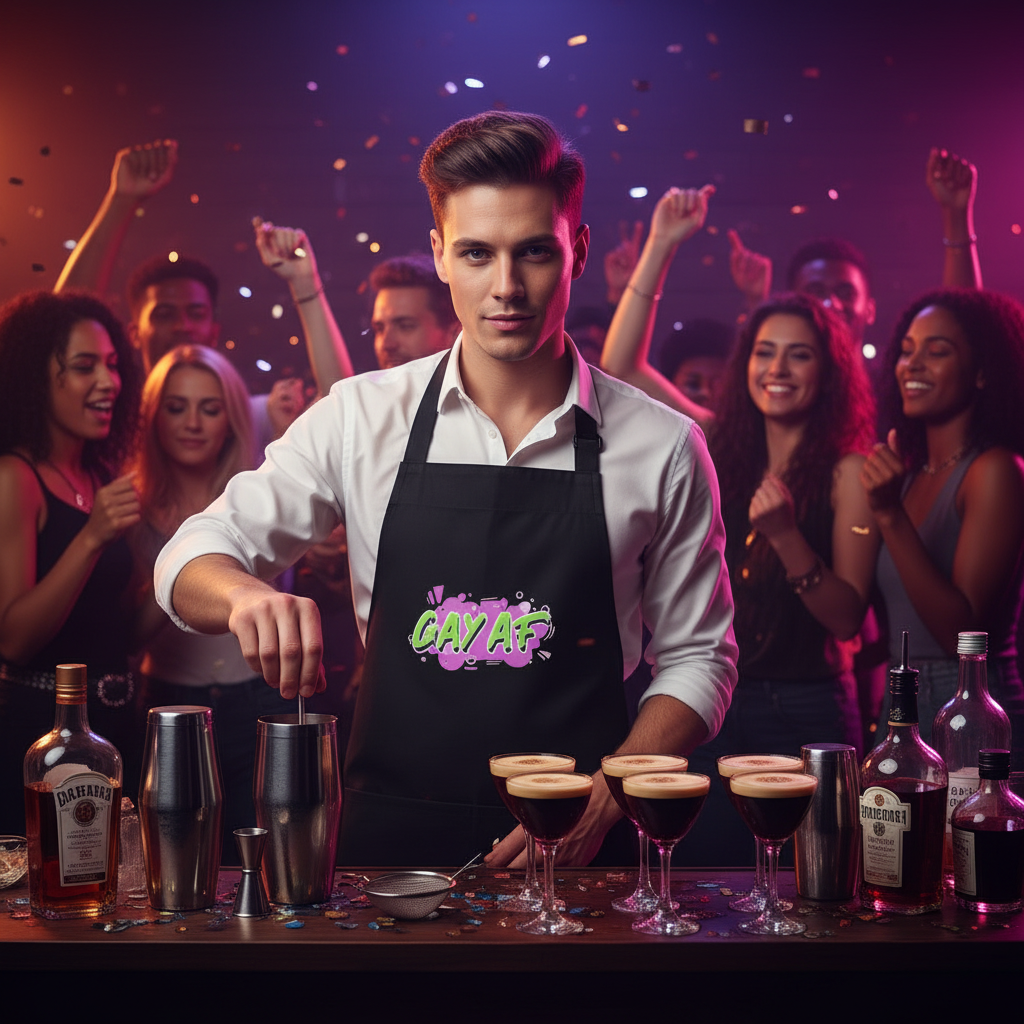 Bartender in a GAY AF Organic Cotton Apron confidently mixes cocktails, embodying vibrant LGBTQIA+ pride and self-expression in a lively nightclub scene with dancing, cheering partygoers.