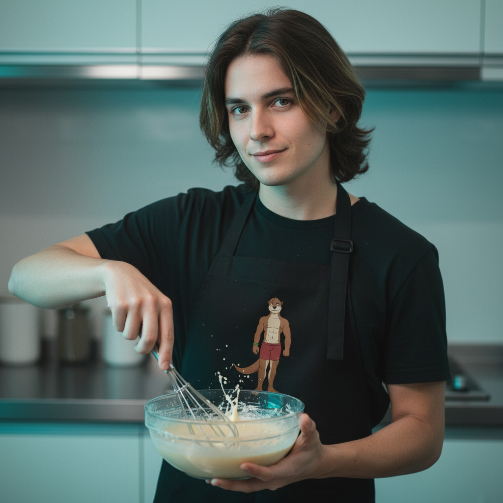 Young person in a modern kitchen wearing a Gay Otter Organic Cotton Apron, featuring a cartoon-style muscular otter. The apron exudes confidence and pride, embodying queer empowerment and playful style.