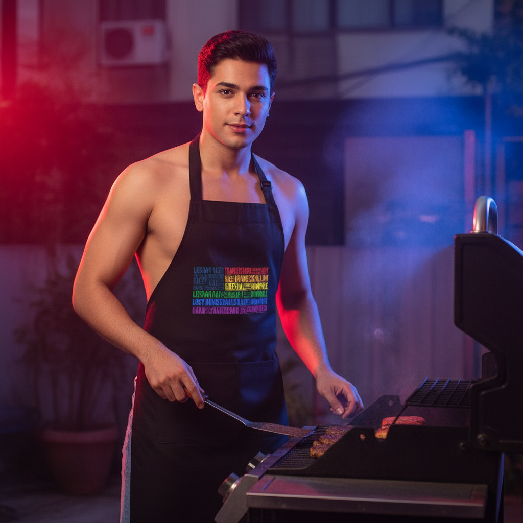 A shirtless man, wearing a Gay USA Organic Cotton Apron with pride-themed words, flips burgers on an outdoor grill, embodying empowerment and self-expression in a dramatic, colorful setting.