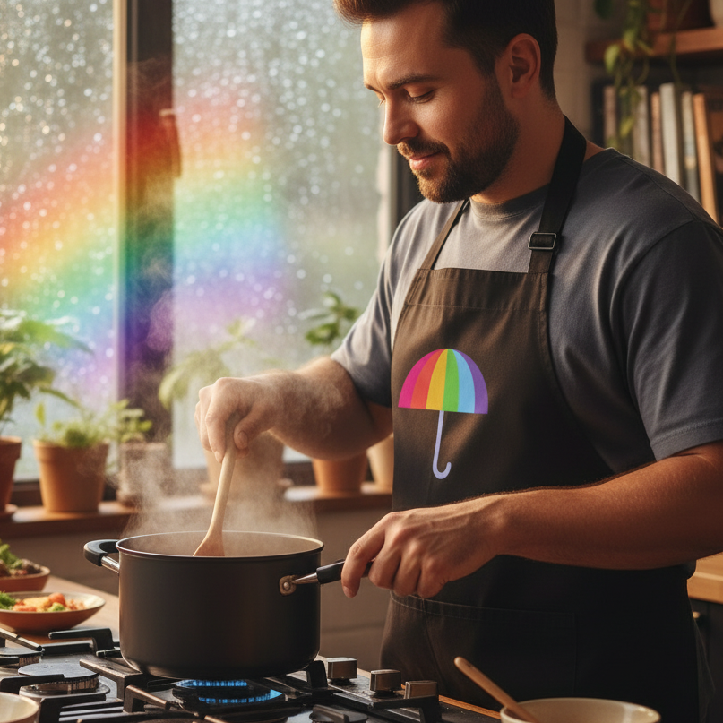 A bearded man in a Gay Umbrella Organic Cotton Apron confidently stirs a steaming pot. The apron, featuring a colorful umbrella icon, embodies pride and empowerment in the kitchen.