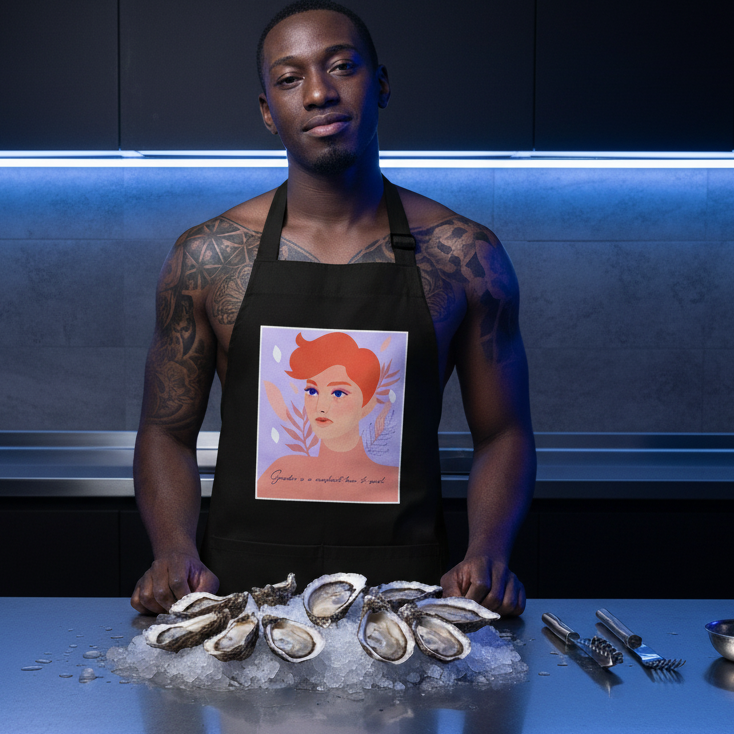 A man in a modern kitchen wears the Gender Is A Construct Tear It Apart Organic Cotton Apron, featuring a colorful portrait, symbolizing pride and empowerment while presenting oysters on ice.