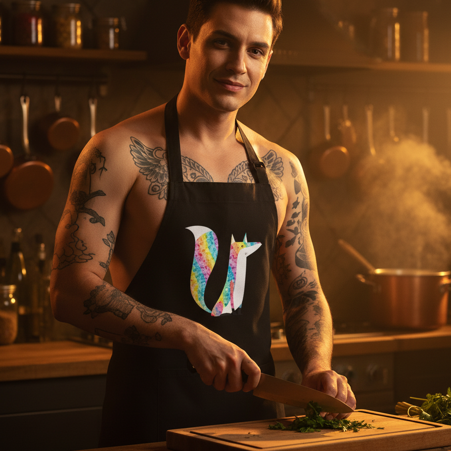 Shirtless tattooed person wearing a black apron with a colorful fox graphic, chopping herbs in a kitchen