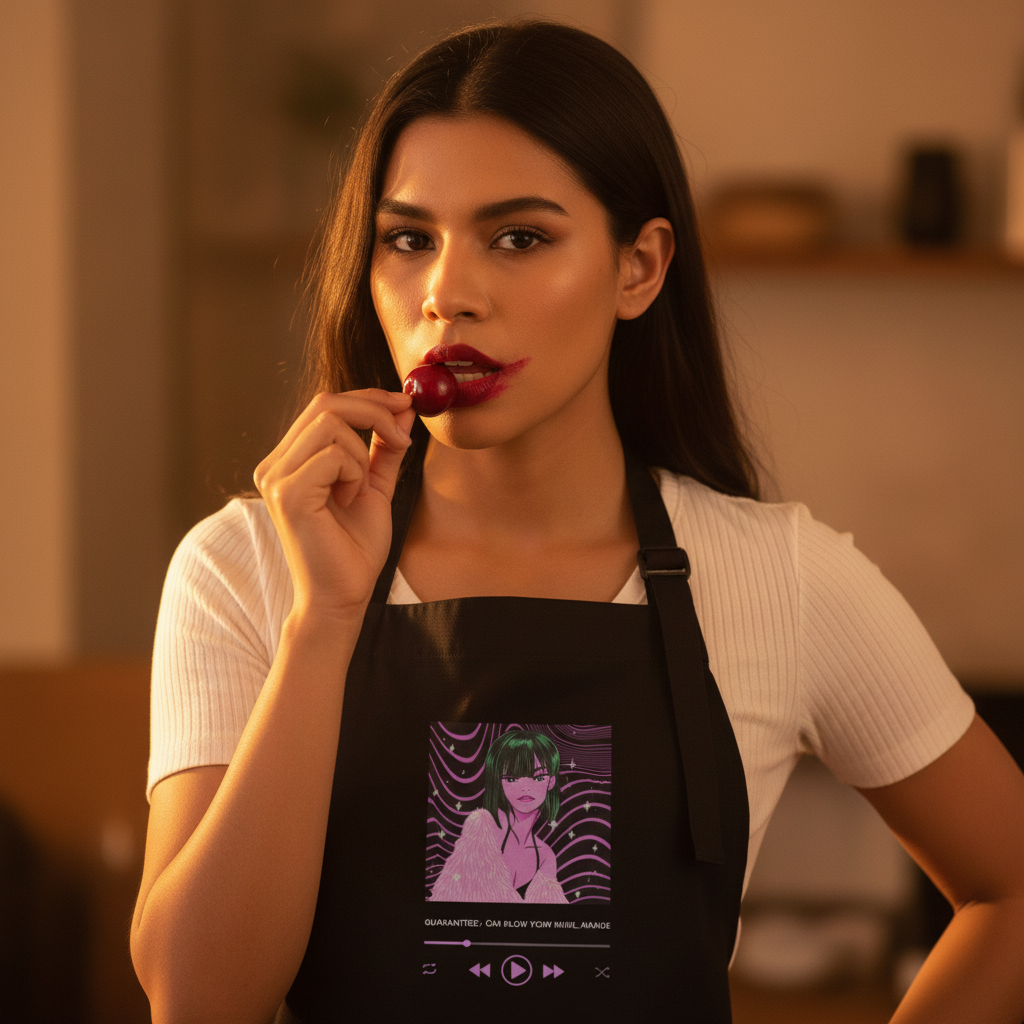 Young woman wearing the Guaranteed, I Can Blow Your Mind...Mwah! Organic Cotton Apron, featuring a green-haired anime girl and faux music-player print. She holds a cherry, embodying bold queer self-expression.