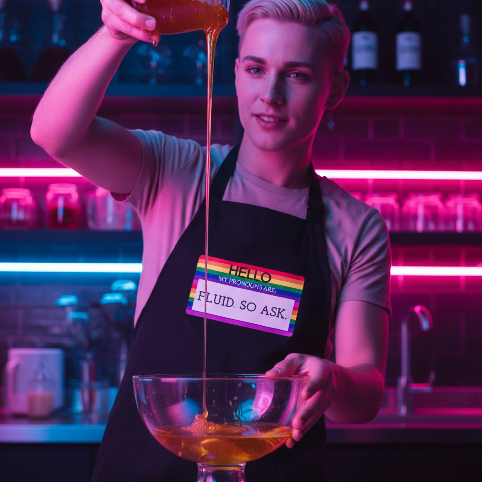 Person in a black apron with Hello My Pronouns Are Fluid. So Ask. label, pouring golden liquid into a bowl. The apron celebrates LGBTQIA+ pride and self-expression with style and empowerment.