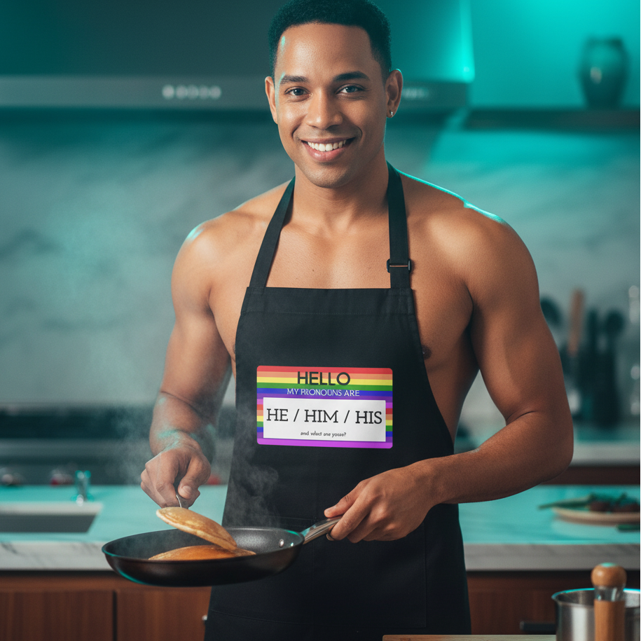 A young man in a modern kitchen wears the Hello My Pronouns Are He / Him / His Organic Cotton Apron, showcasing queer pride with a colorful name-badge graphic. He confidently cooks pancakes, embodying self-expression.