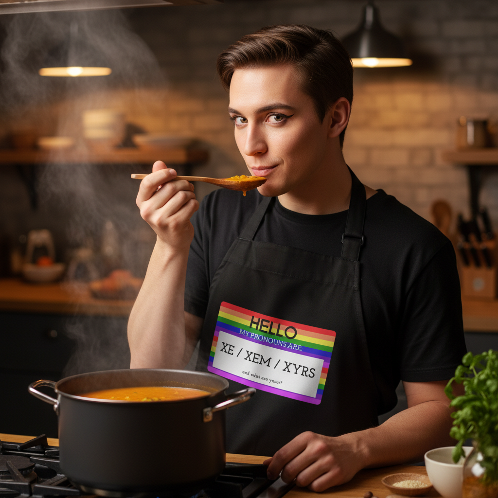 Person taste-testing soup in a warm kitchen, wearing a Hello My Pronouns Are Xe / Xem / Xyrs organic cotton apron. The apron, a stylish pride piece, embodies queer empowerment and visibility.