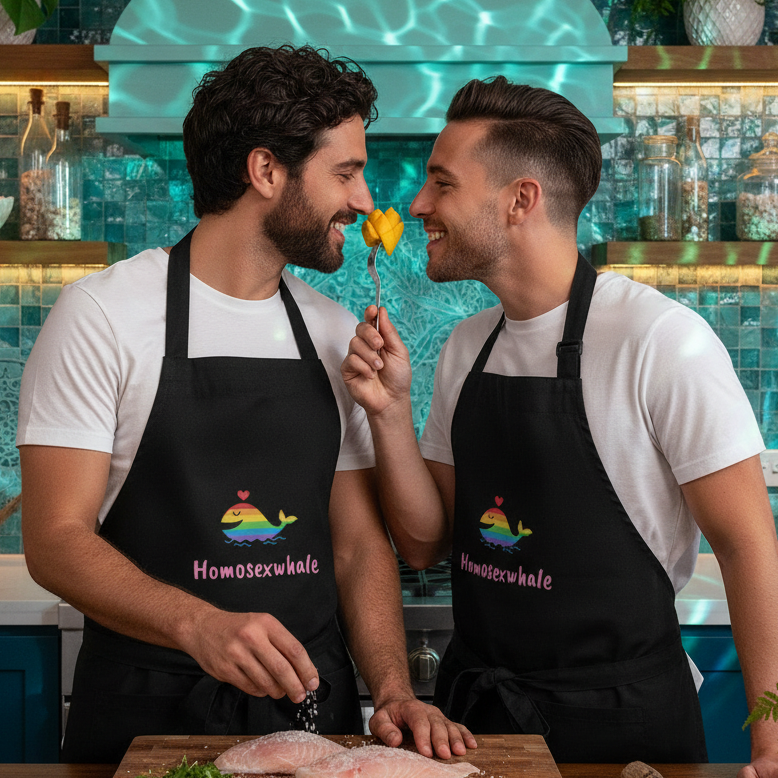 Two men in a kitchen wear Homosexwhale Organic Cotton Aprons, joyfully cooking together. One sprinkles salt on fish, the other offers fruit, embodying queer pride and culinary confidence.