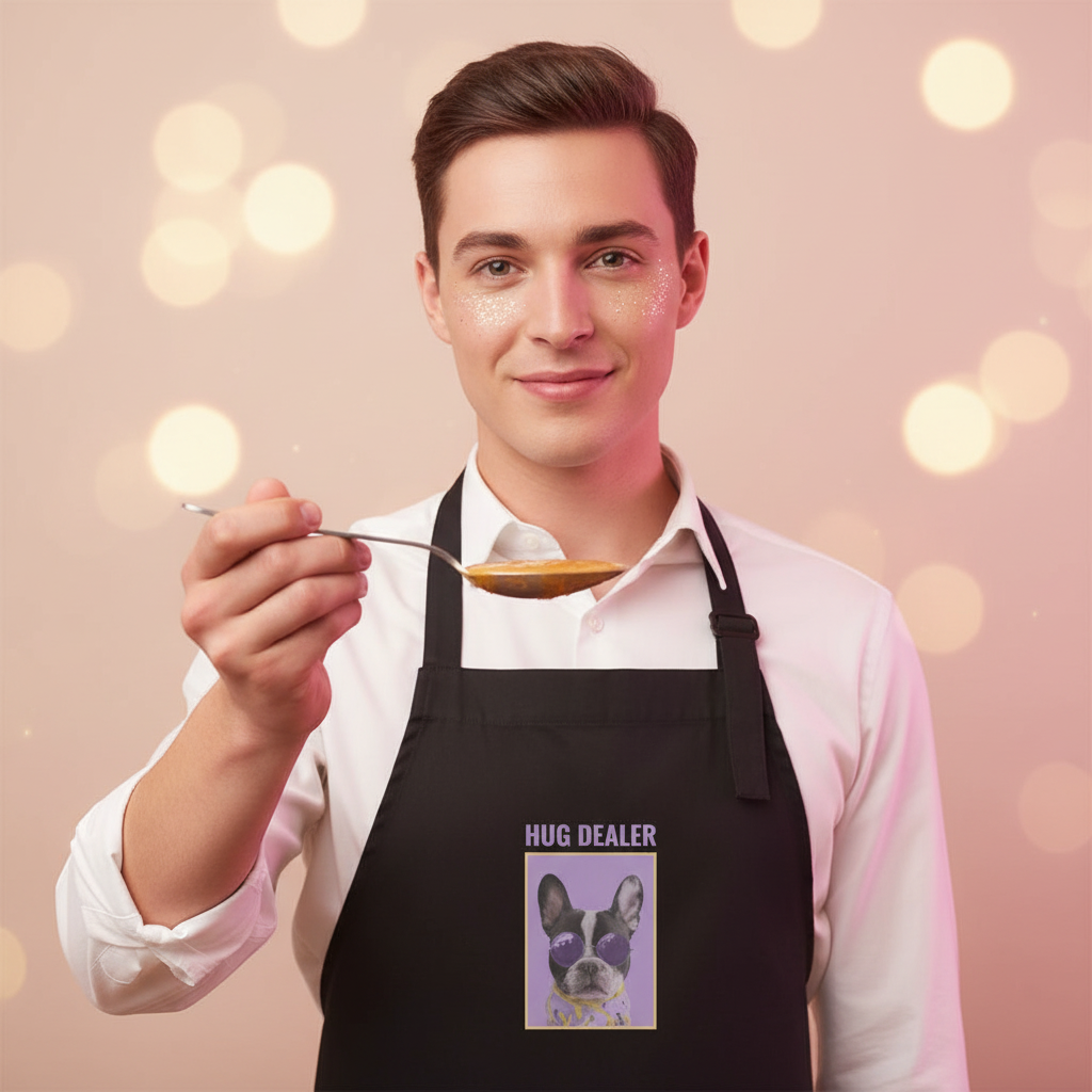 A young man showcases the Hug Dealer Organic Cotton Apron, featuring a French bulldog in sunglasses, embodying prideful self-expression and style.