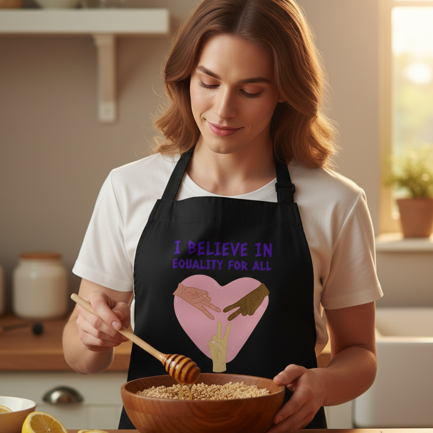 Person in a kitchen wearing the I Believe In Equality For All Organic Cotton Apron, stirring grains while drizzling honey. The apron features a pink heart and peace sign hands, embodying pride and inclusivity.