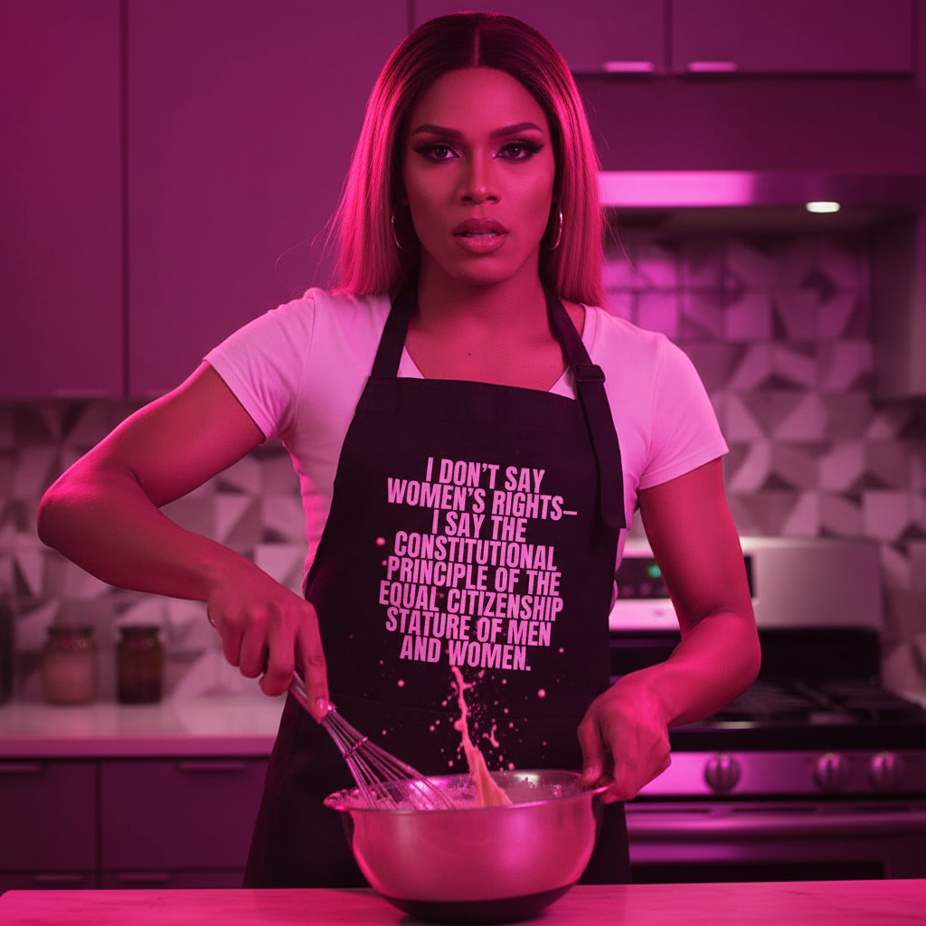 A person in a kitchen wears the Don't Say Women's Rights Organic Cotton Apron, embodying queer empowerment and pride with its bold statement.