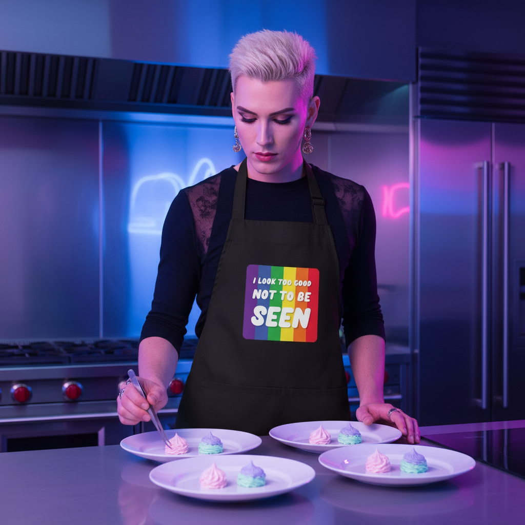 A person in a black apron with a rainbow-striped I Look Too Good NOT TO BE SEEN patch, plating vibrant pastel meringues, embodies Queer In The World's prideful, empowering kitchen style.
