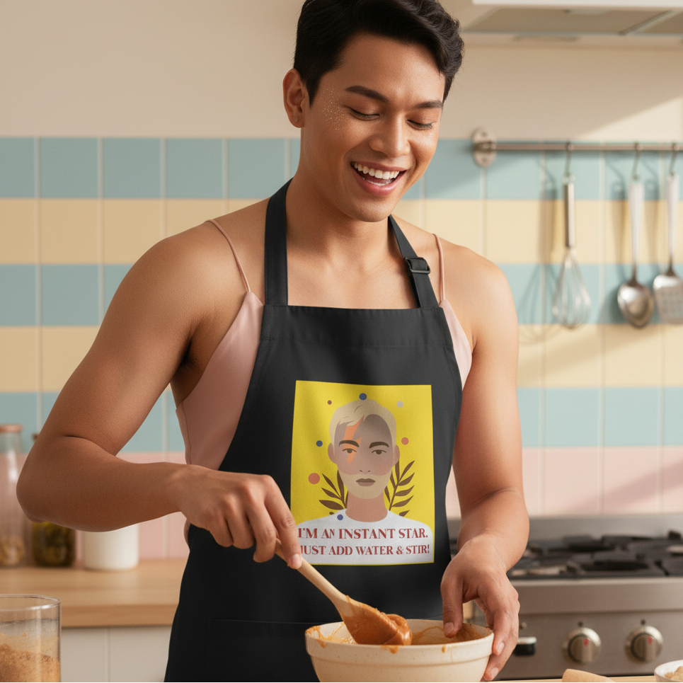 Person in a black I'm An Instant Star organic cotton apron, stirring batter with a spoon, embodying pride and self-expression in a vibrant kitchen setting.