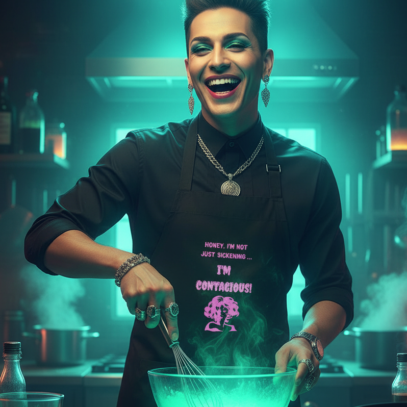 An individual wearing the I'm Contagious Organic Cotton Apron stands at a stovetop, whisking a green mixture. The apron features a bold pink slogan, embodying queer pride and kitchen confidence.