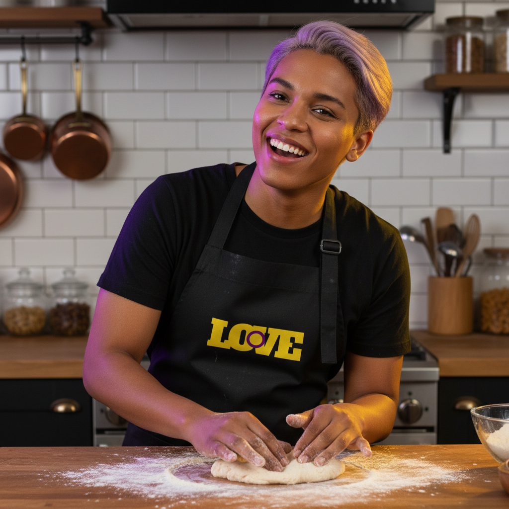 Person smiling, pressing dough wearing Intersex Love Organic Cotton Apron with LOVE in yellow. Set in modern kitchen, showcasing queer pride, empowerment, and self-expression from Queer In The World store.