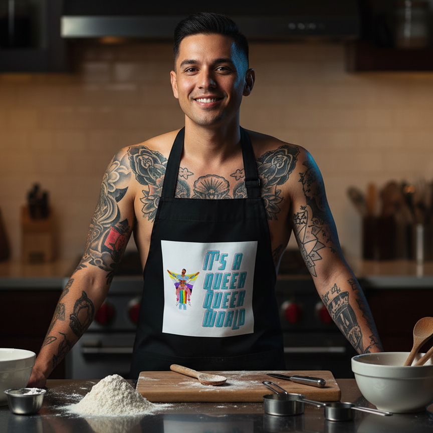 A tattooed individual wears the It's A Queer Queer World Organic Cotton Apron, featuring rainbow graphics, amidst baking tools, embodying prideful self-expression and queer empowerment in the kitchen.