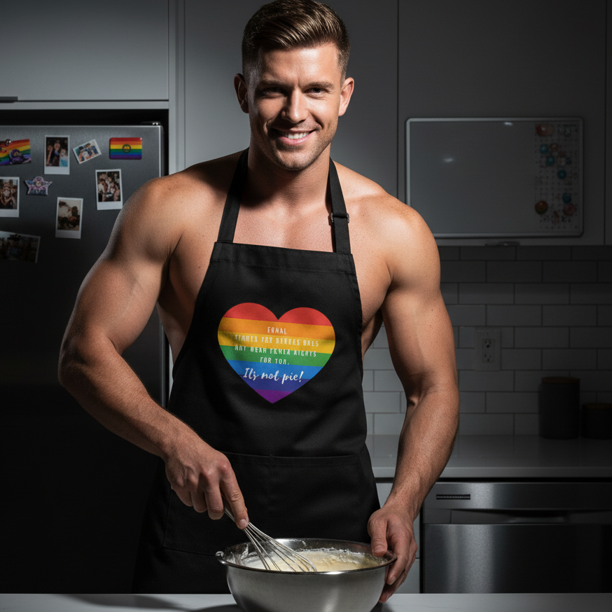 A fit man in a It's Not Pie Organic Cotton Apron, featuring a rainbow-striped heart, whisks batter in a modern kitchen. This apron celebrates LGBTQIA+ pride and self-expression while protecting clothes.