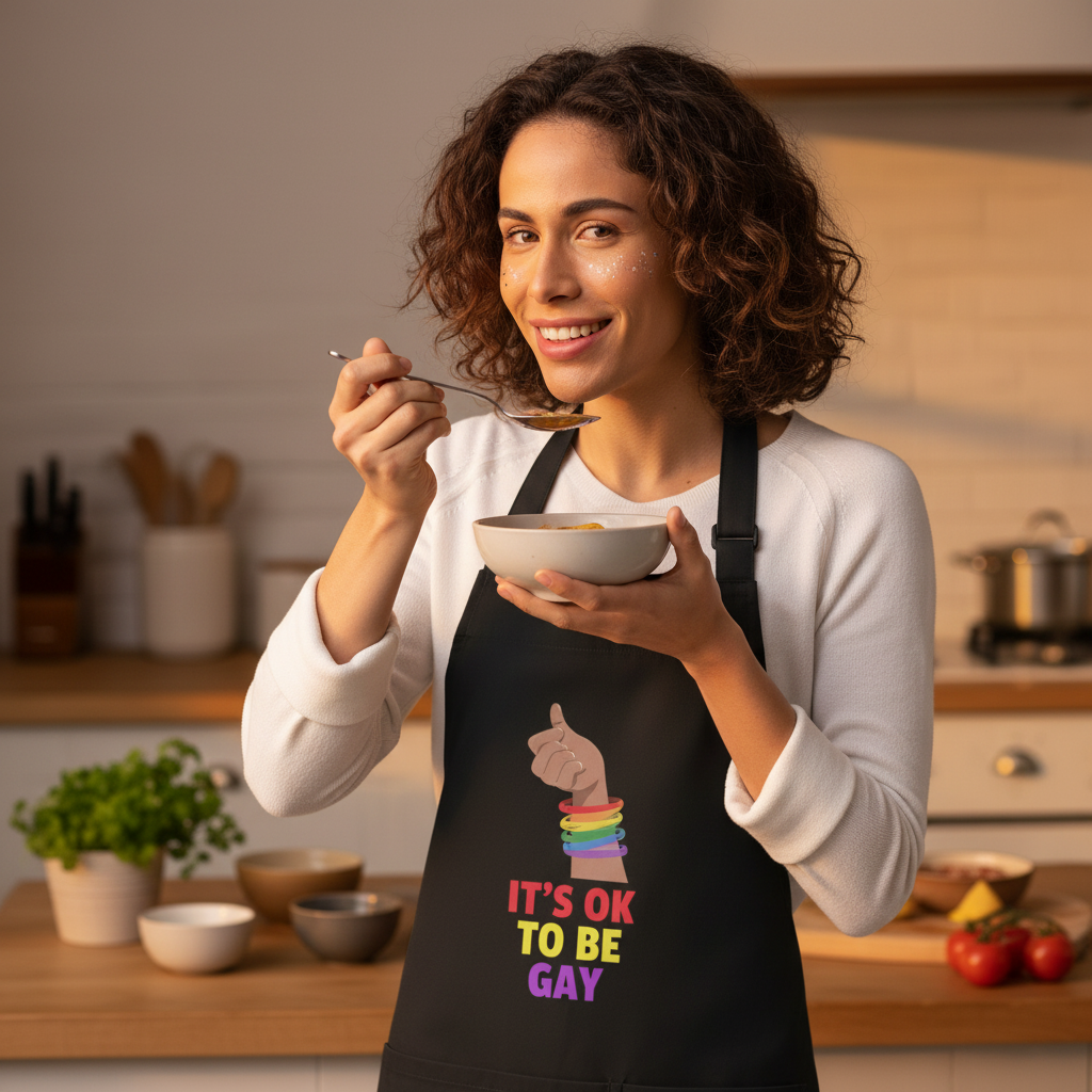 A person joyfully wears the It's OK To Be Gay Organic Cotton Apron, showcasing its bold, empowering design with rainbow accents, embodying queer pride and self-expression in the kitchen.