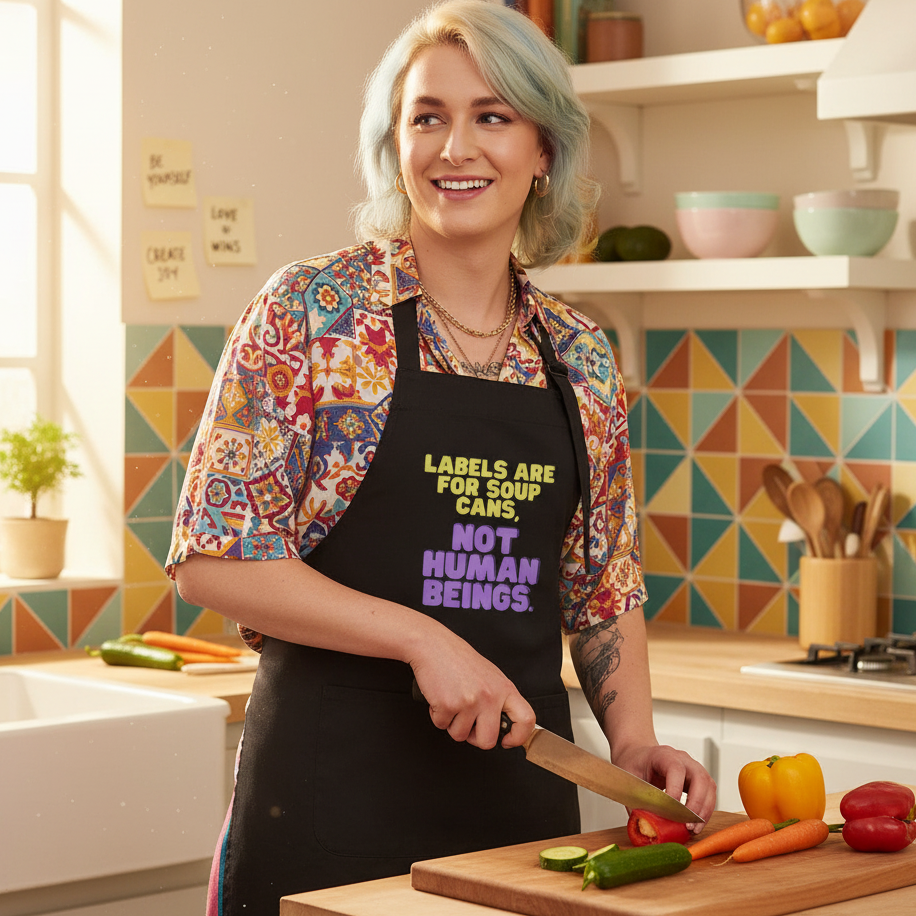 Person slicing vegetables on a kitchen counter, wearing a Labels Are For Soup Cans organic cotton apron, embodying queer pride and self-expression with colorful design and empowering message.