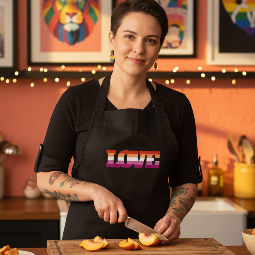 A person slices peaches wearing the Lesbian Love Organic Cotton Apron, featuring rainbow LOVE text. Their vibrant style includes rainbow earrings and tattoos, embodying bold queer energy and self-expression.