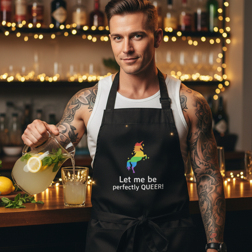Young, tattooed bartender pours lemonade, wearing a Let Me Be Perfectly Queer organic cotton apron with rainbow unicorn. This apron celebrates LGBTQIA+ pride, empowerment, and self-expression with style and confidence.