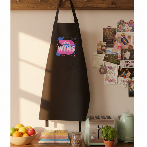 Love Always Wins Organic Cotton Apron hangs centrally, showcasing vibrant pride graphics amidst a cozy kitchen scene with retro appliances and colorful décor, embodying queer empowerment and self-expression.