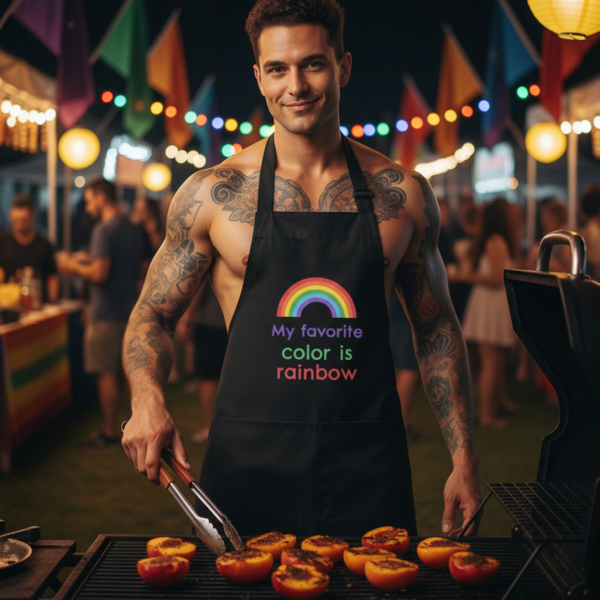 Tattooed man grilling fruit wears My Favorite Color Is Rainbow Organic Cotton Apron, showcasing vibrant pride. Ideal for protection and flair, this apron embodies queer visibility and self-expression.