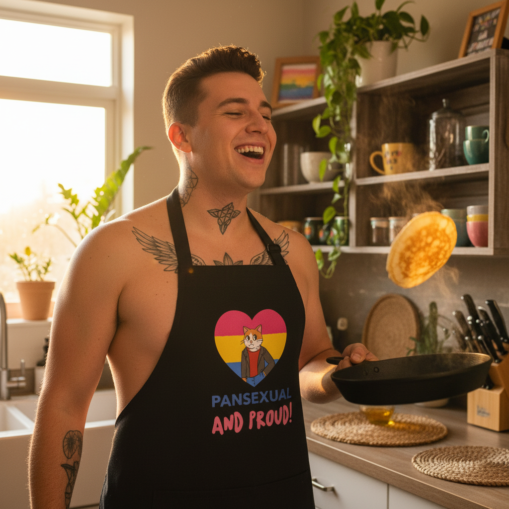 Young individual in a kitchen flips pancakes, wearing the Pansexual And Proud Organic Cotton Apron featuring a stylized cat with pansexual pride stripes, embodying joyful queer visibility and empowerment.