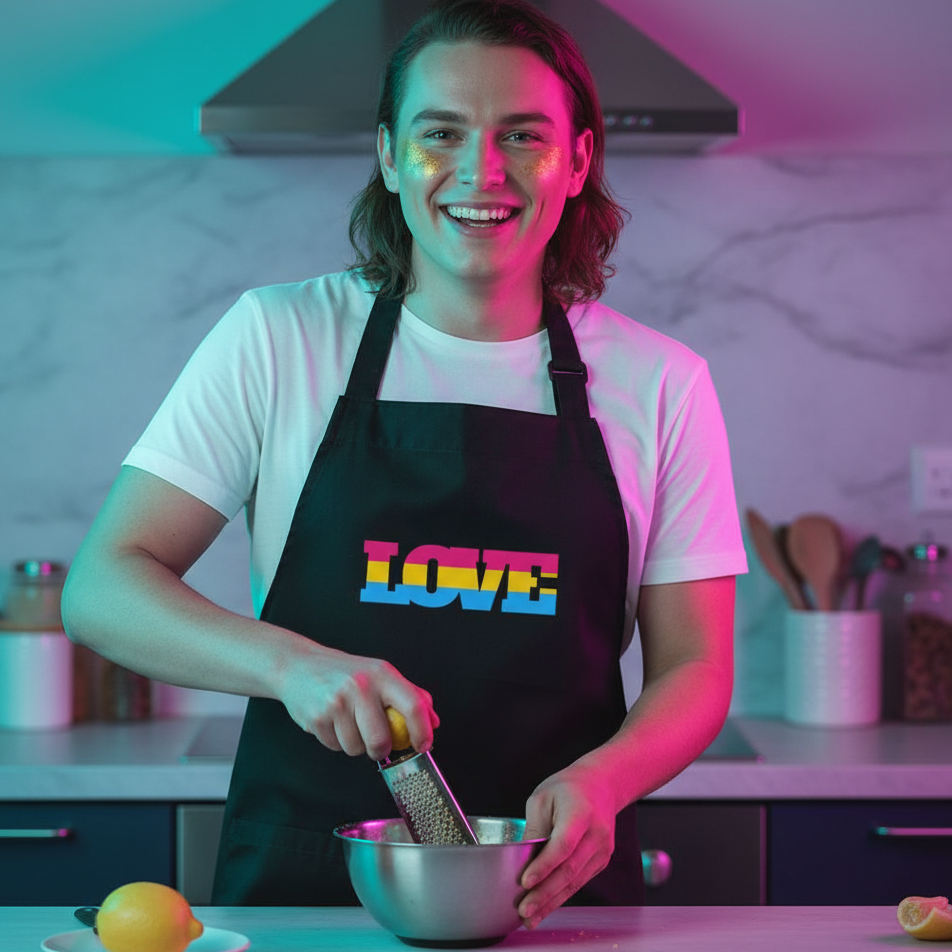 A young person grates lemon into a bowl wearing the Pansexual Love Organic Cotton Apron, showcasing vibrant LGBTQIA+ pride with pink, yellow, and blue stripes and a large LOVE print.