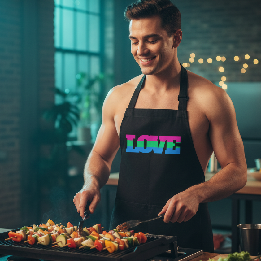 Smiling man in a black LOVE apron turns vegetable-and-tofu kebabs on a grill, embodying pride and self-expression. The Polysexual Love Organic Cotton Apron celebrates LGBTQIA+ visibility with style and empowerment.