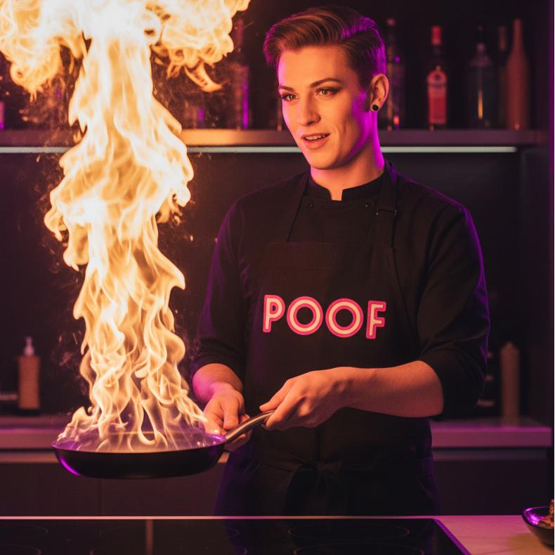 Person flambéing with flair, wearing the Poof Organic Cotton Apron in bold style, showcasing LGBTQIA+ pride and self-expression in a vibrant kitchen setting.