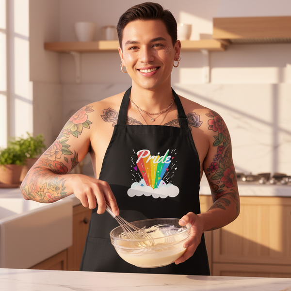 Smiling tattooed person whisking batter while wearing a black apron with a rainbow Pride design