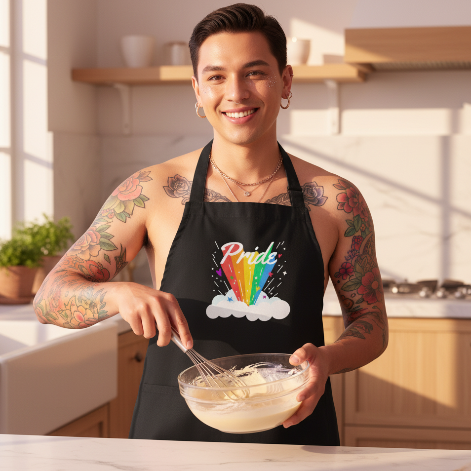 A young tattooed individual in a modern kitchen whisks batter, wearing the Pride Rainbow Organic Cotton Apron. The apron showcases vibrant pride symbols, embodying queer empowerment and self-expression.