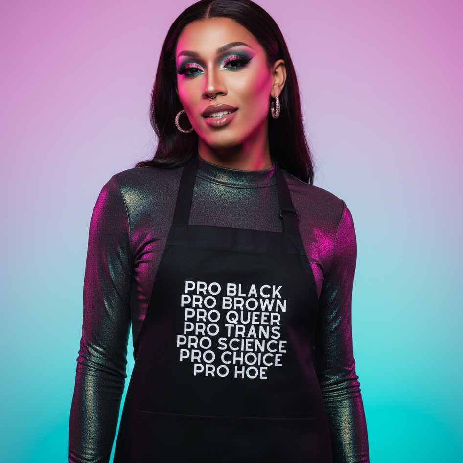 Stylized portrait of a person wearing the Pro Hoe Organic Cotton Apron with bold text celebrating diverse identities, showcasing vibrant self-expression and inclusive pride in a shimmery top and accessories.