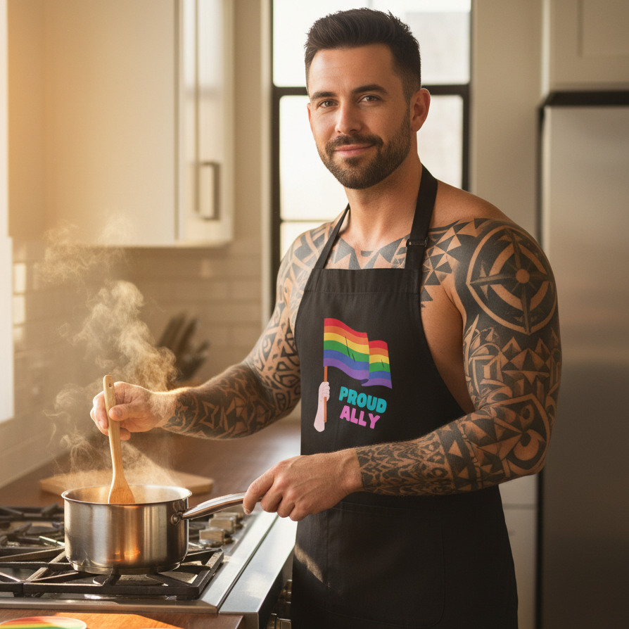 Tattooed man stirs pot, wearing Proud Ally apron with rainbow flag. This organic cotton apron, from Queer In The World, celebrates LGBTQIA+ pride with empowering style and functionality.