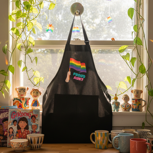 Proud Aunt Organic Cotton Apron features a rainbow pride flag design, hanging in a vibrant, sunlit kitchen nook with eclectic ceramics and lush greenery, embodying bold queer pride and self-expression.