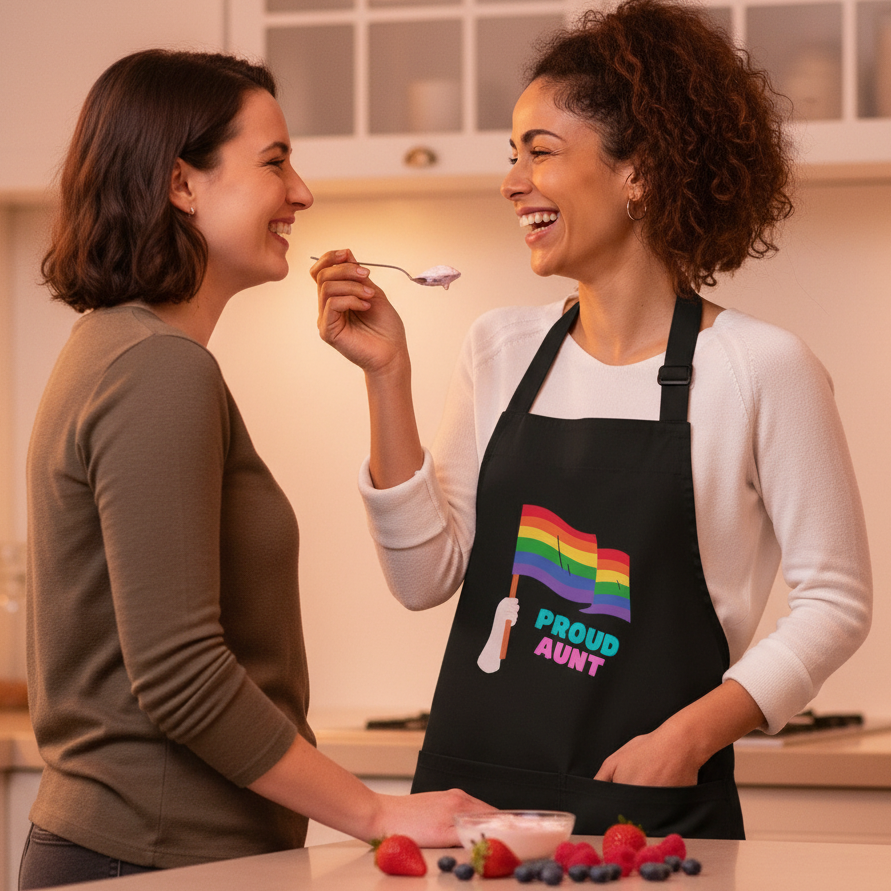Two women share a joyful moment in the kitchen. The woman on the right wears the Proud Aunt Organic Cotton Apron with a rainbow-flag graphic, embodying vibrant LGBTQIA+ pride and self-expression.