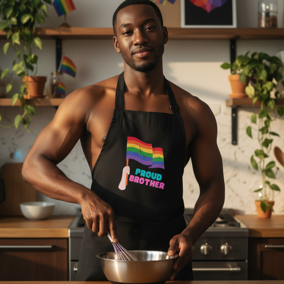 Young man in modern kitchen wearing a Proud Brother organic cotton apron, holding a whisk and mixing in a bowl, embodying LGBTQIA+ pride and self-expression with vibrant, inclusive flair.