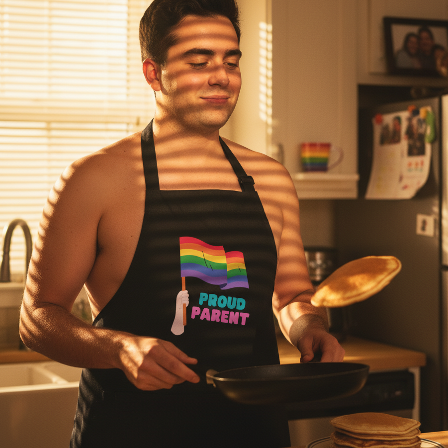 A person flips a pancake while wearing the Proud Parent Organic Cotton Apron, showcasing a rainbow-flag graphic and PROUD PARENT text, embodying pride, empowerment, and joyful queer energy.