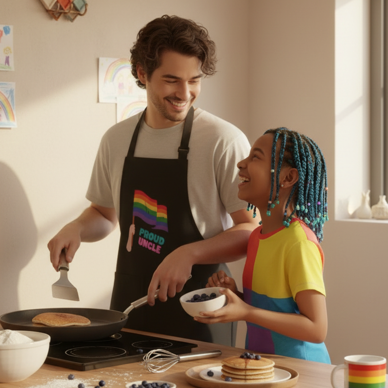 Proud Uncle Organic Cotton Apron in action: an adult wearing the apron flips a pancake while a child with colorful braids offers blueberries, celebrating joyful, inclusive cooking and LGBTQIA+ pride.